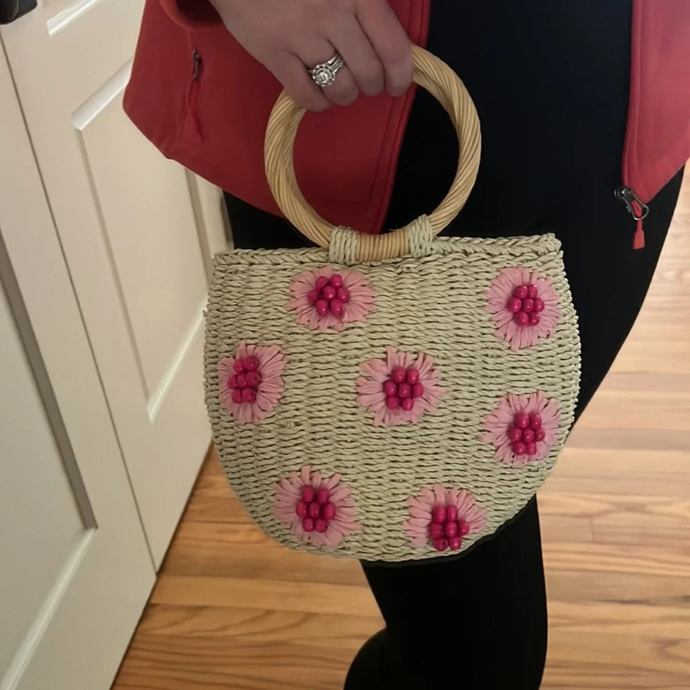 Urban Expressions Woven Straw Satchel with Pink Floral Accents
